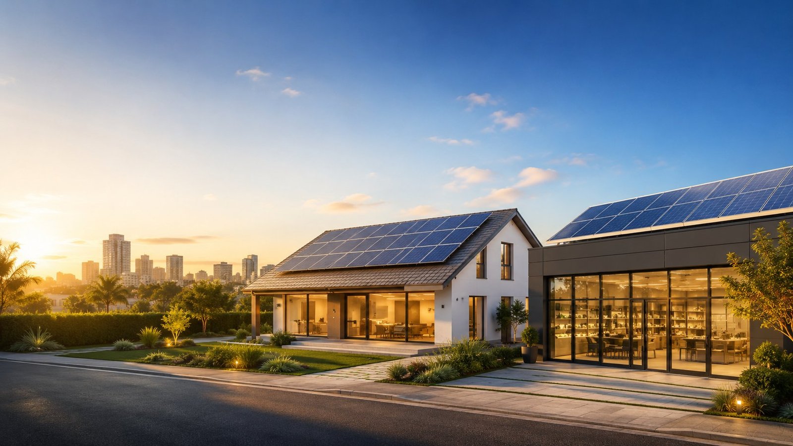 Residência e empresa modernas com painéis solares instalados ao pôr do sol