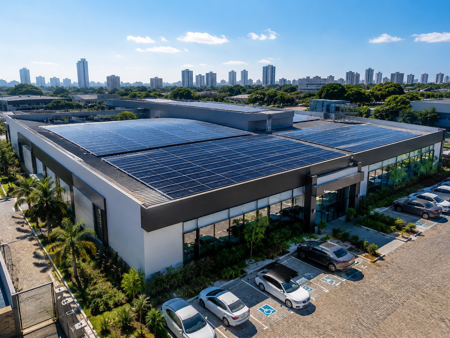Empresa com grande instalação de painéis solares no telhado, vista aérea
